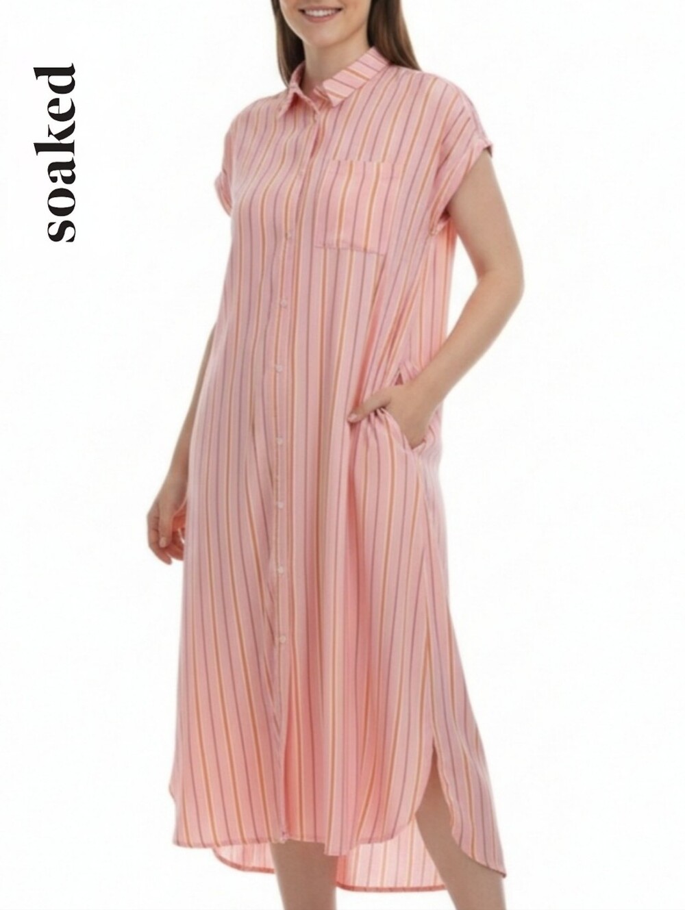 Sz S Soaked in Luxury 100% Viscose SLLelu Pink Striped Shirt Dress
